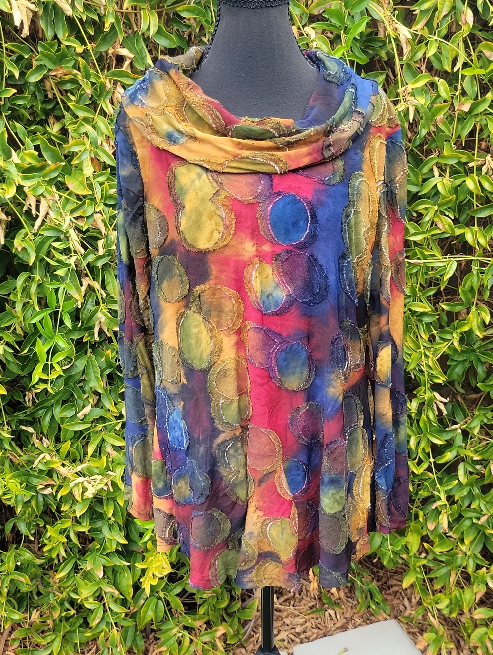 Ali Miles Wearable Art Multicolor Abstract Circle Patchwork Cowl Neck Tunic